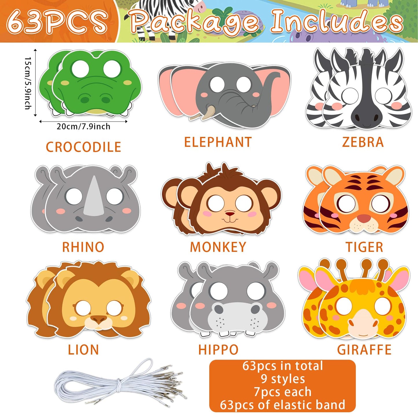63Pcs Color Your Own Animal Masks Crafts for Kids DIY Paper Blank Jungle Animal Party Favors Lion Tiger Monkey Masks Making Kits with Ropes for School Class Activities Birthday Party Supplies