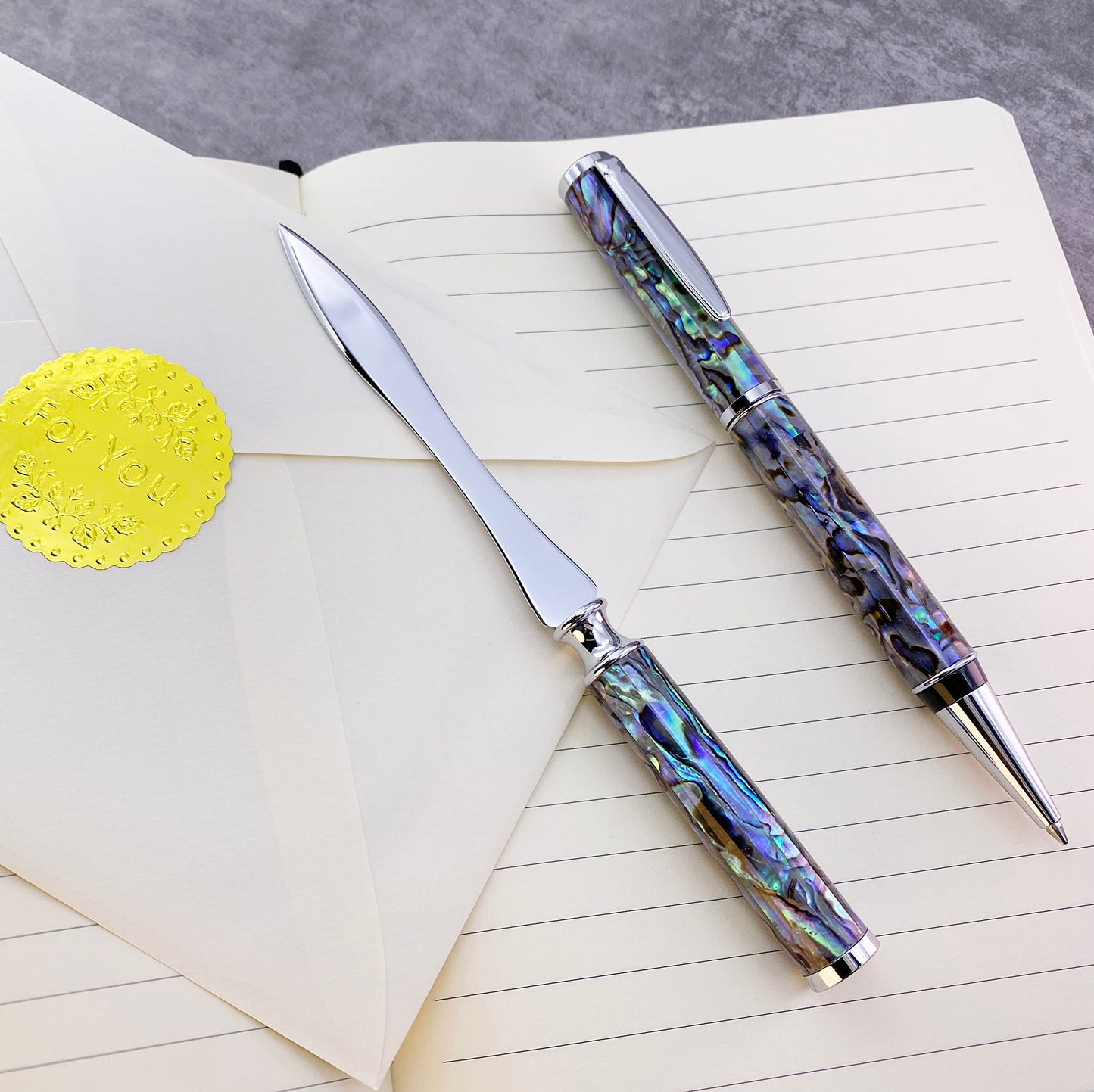 LACHIEVA LUX Luxury Abalone Shell Ballpoint Pen & Letter Opener Set, Elegant Gift for Men & Women, Great for Christmas and Special Occasions