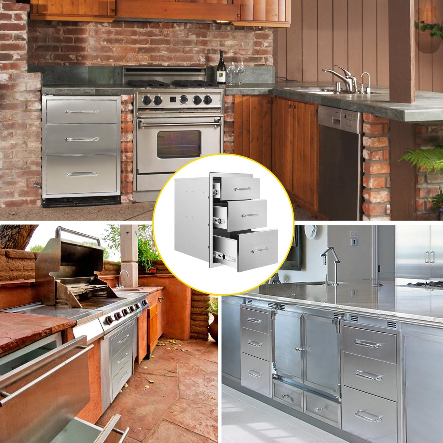 SGOLAN Outdoor Kitchen Drawers 14" W x 21" H x 23" D Flush Mount Triple BBQ Drawers with Chrome Handle Stainless Steel Drawer for Outdoor Kitchen Island, Patio Grill Station