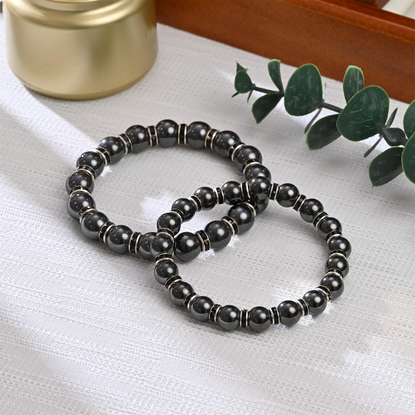 Apocalyptic-K Women's Magnetic Bracelet，Hematite Bracelets，Magnetic Bracelets With Zirconia,Handmade Stretch Bracelet，Eliminates static electricity. (8MM Black &10MM Zirconia)