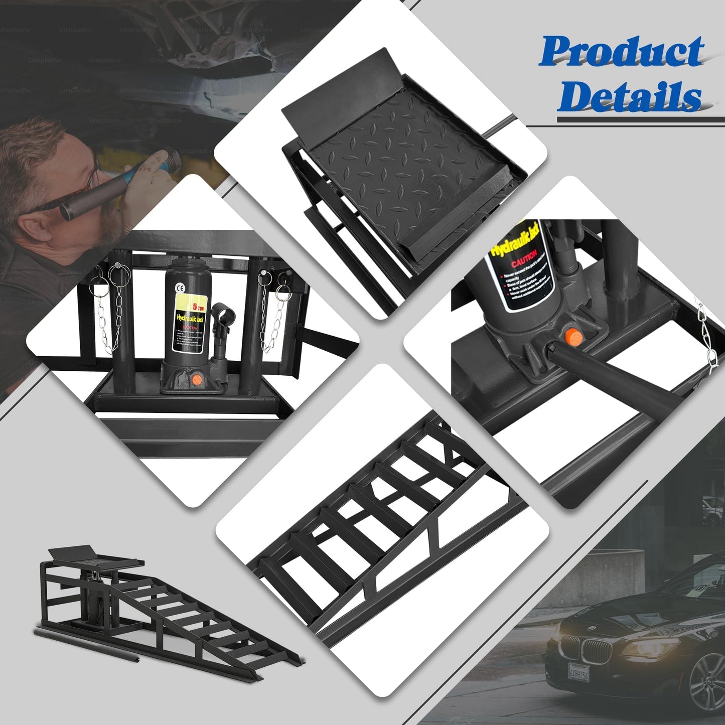2 Pack Hydraulic Car Ramps 5T 10000lbs Low Profile Car Lift Service Ramps Truck Trailer Garage,Height Hydraulic Vehicle Ramps, Lift Height 11.61-16.21 Inches