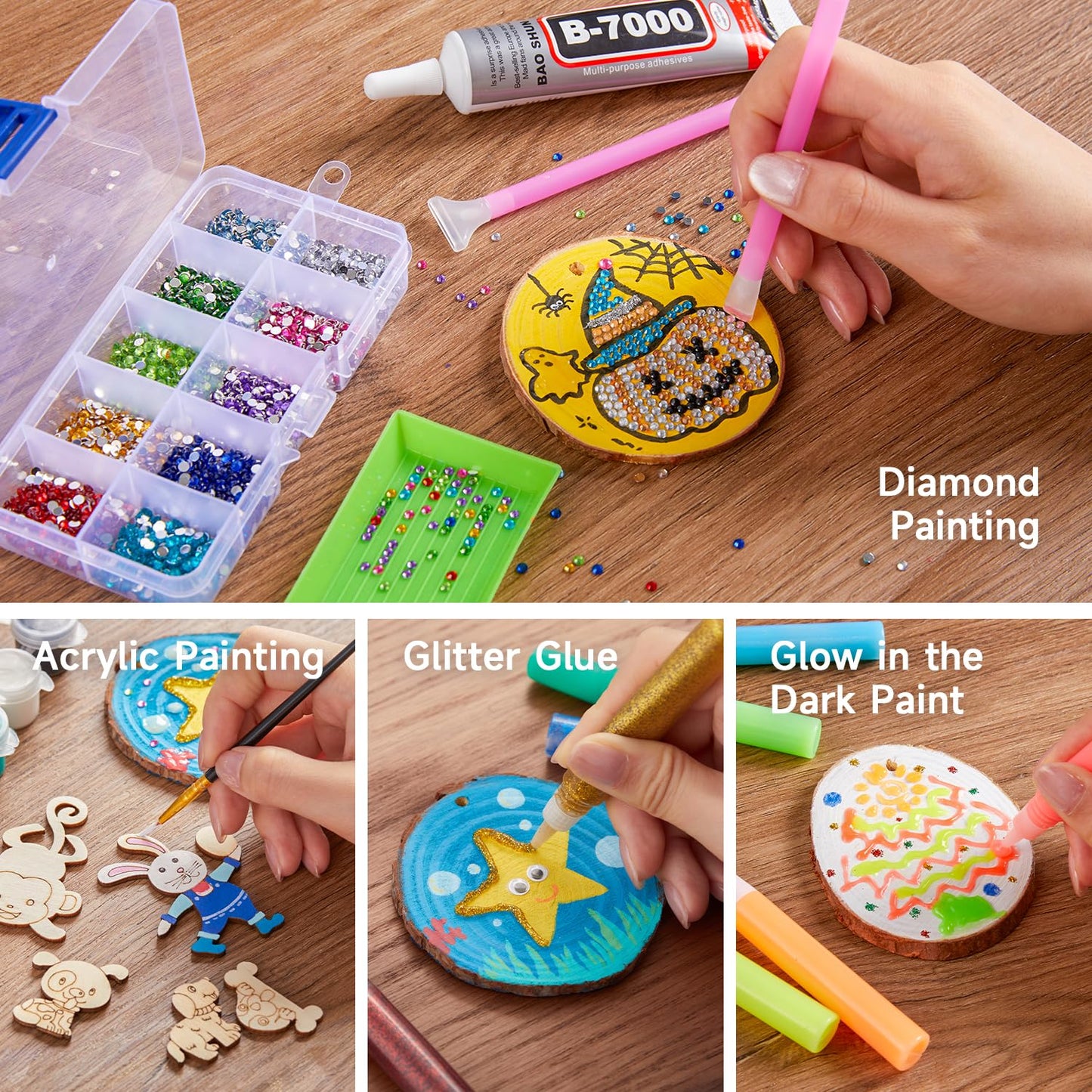 Kids Wood Painting Craft Kit, Glow-in-the-Dark Paint and Diamond Painting on Wood Slices with Stickers & Wiggle Eyes, Ideal Arts and Crafts for Kids Ages 5-12, Gifts for Halloween, Christmas, Birthday