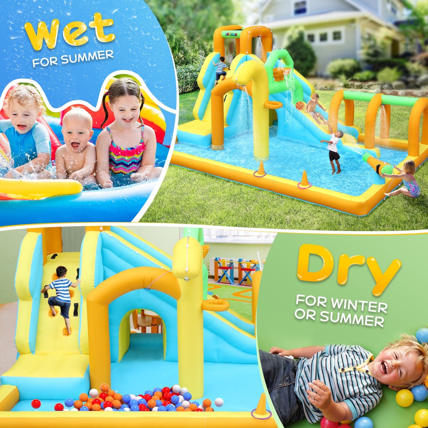 JOYMOR 10-in-1 Inflatable Water Slide Bounce House w/Water Bucket, Tunnel, Water Cannon, Basketball Hoop, 1min Blow Up Water Slide (Include Air Blower), Backyard Water Slide Park for Ages 3-10Y