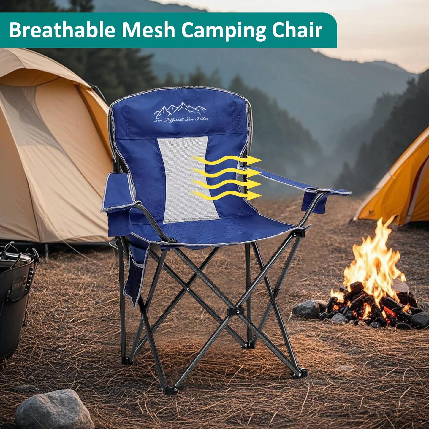 SAILARY Outdoor Folding Camping Chair with Cup Holder, Storage Bag, Large Anti-Sink Feet, 400lbs Capacity, 2 Pack Breathable Mesh Portable Chair for Camping, Beach, Fishing, Sports, Blue