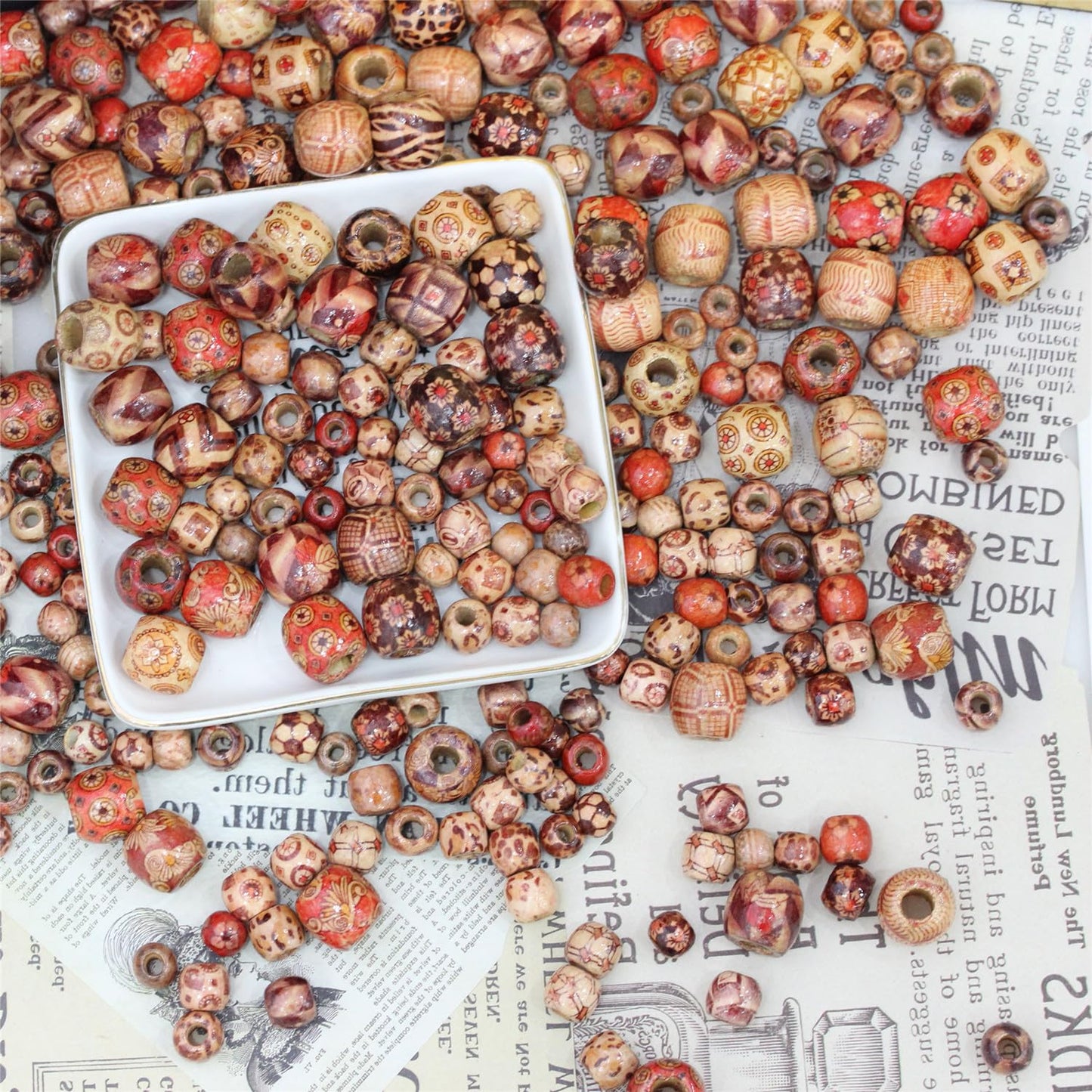 300pcs Mixed Painted Drum Wood Spacer Beads, BetterJonny Barrel Wood Beads Loose Wood Beads Bulk for Hair, DIY Making Bracelet Necklace Jewelry Craft Project（16mm,12mm,10mm）
