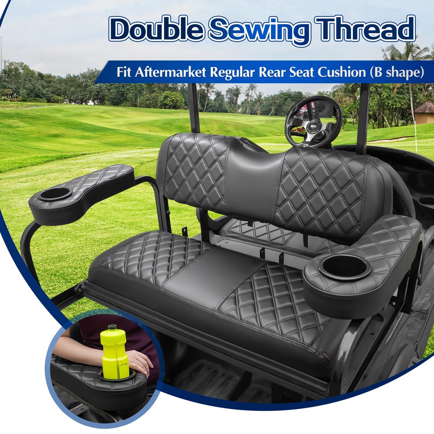 NOKINS 4PCS Golf Cart P Front and Rear Diamond Seat Covers and Golf Cart Rear Armrest with Cup Holder Kit (Fits 1-inch Square Tube) for Club Car Precedent Original Regular Seat Cushion(Black)