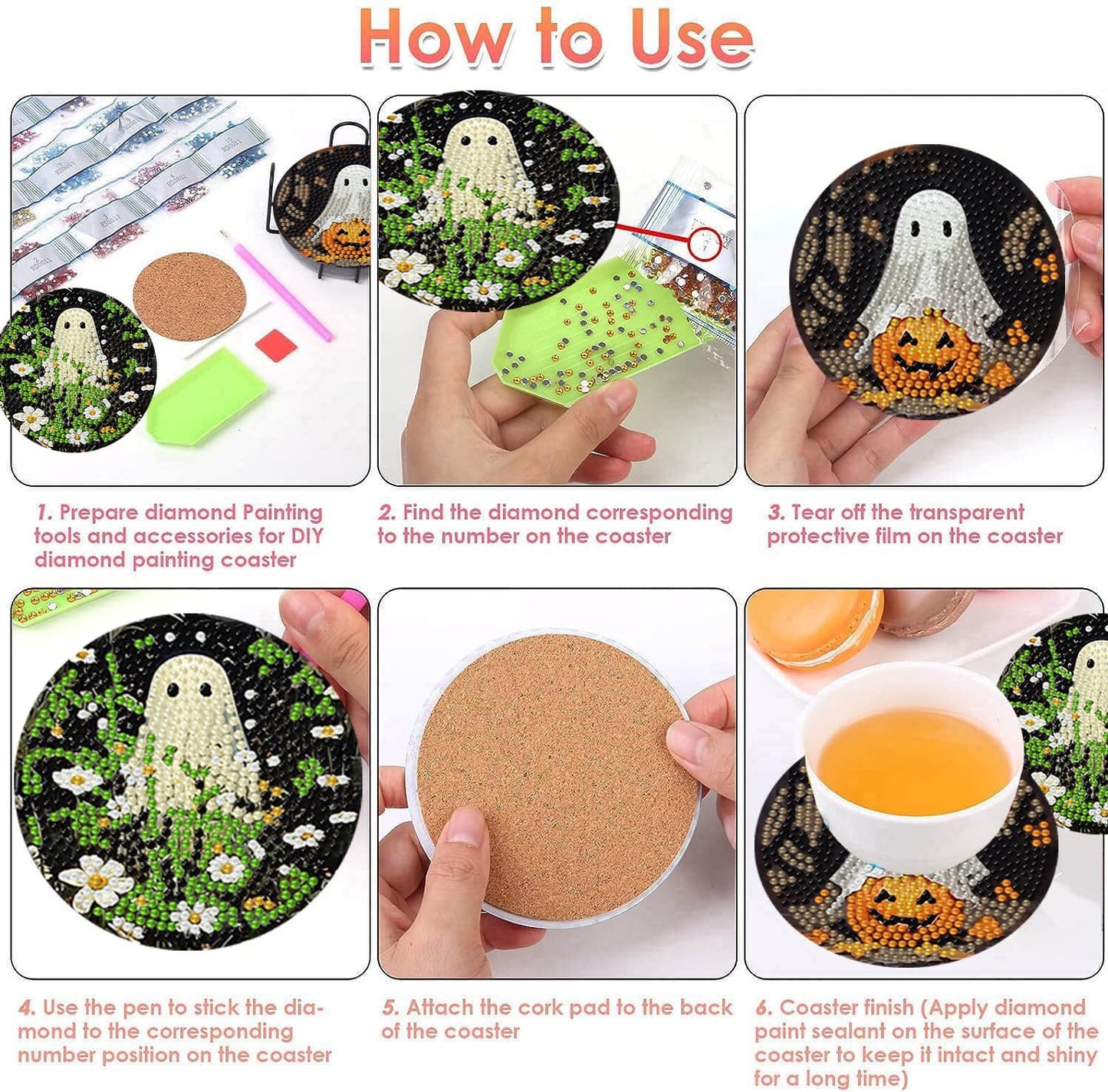 8 Pack Halloween Diamond Art Coasters Kits, Halloween Diamond Painting Coasters Kit with Holder, DIY Ghost Diamonds Art Non Slip Coaster Crafts Kits for Adults Gifts 4x4 inch (Cork Wooden Pad)