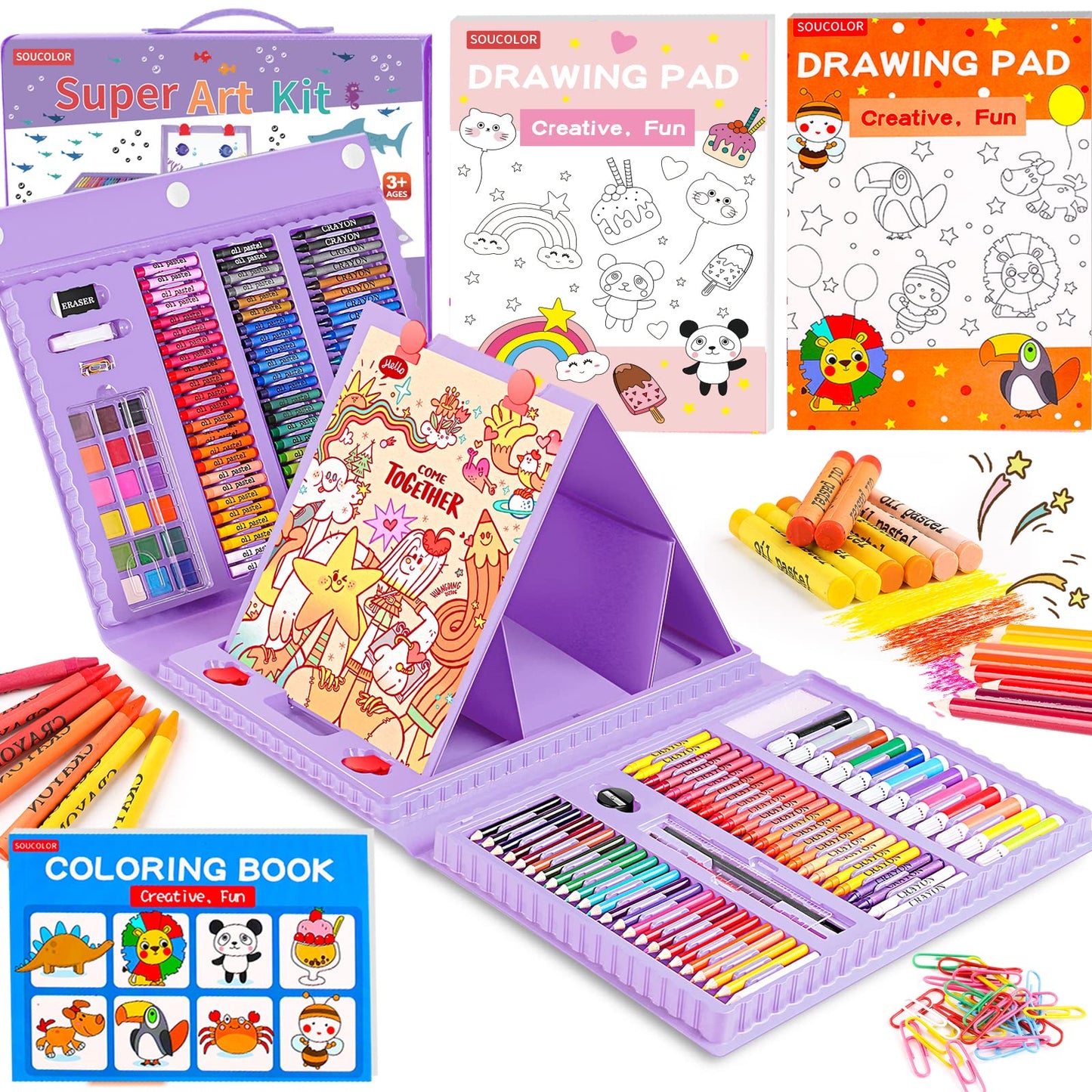 Soucolor Art Supplies, 283 Pieces Drawing Set Art Kits with Trifold Art Easel, 2 Drawing Pads, 1 Coloring Book, Crayons, Pastels, Arts and Crafts Gifts Case (Purple)