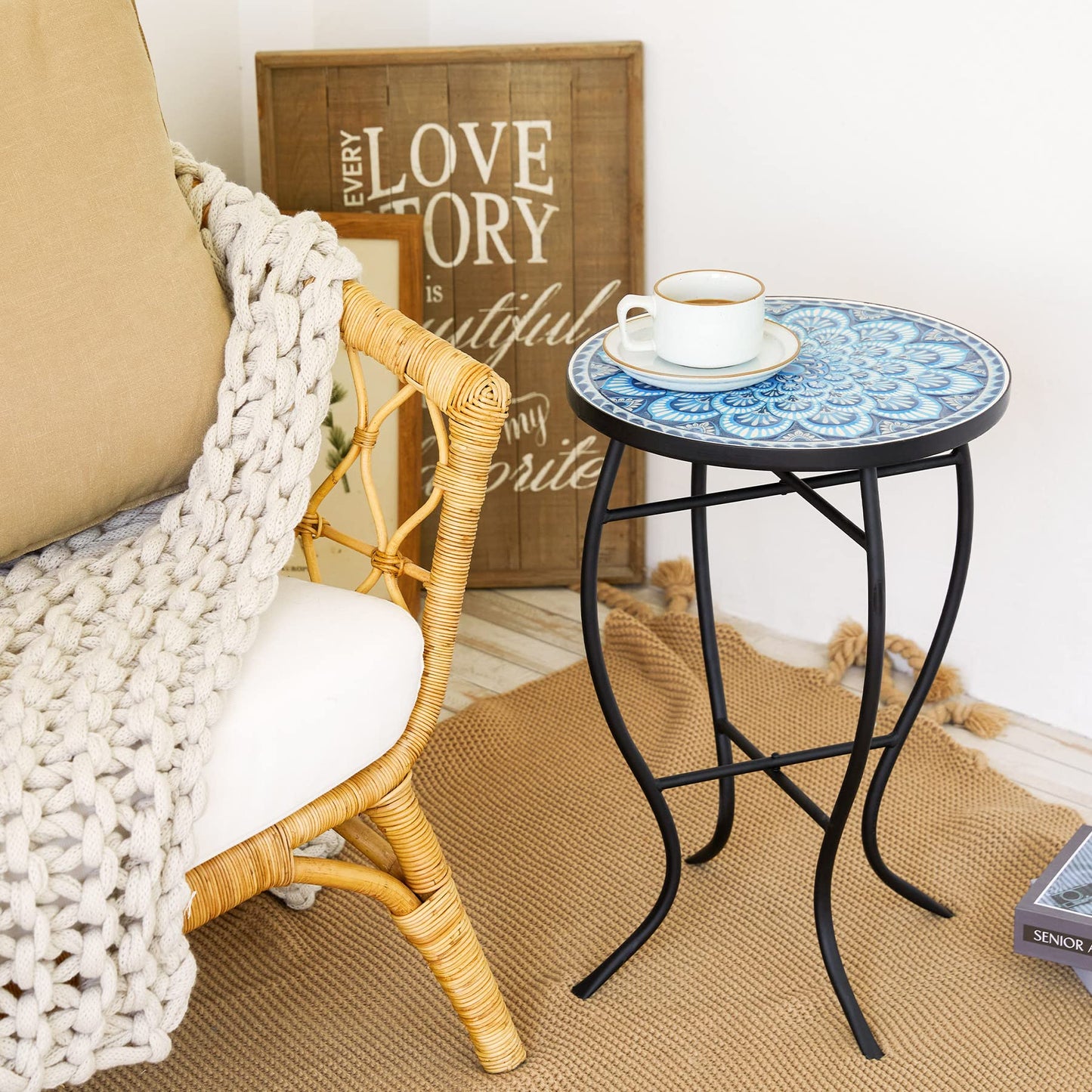 VONLUCE Mosaic Side Table and Plant Stand, 21" Round End Table with 14" Ceramic Tile Top, Indoor & Outdoor Accent Table, Porch Patio Furniture, Entryway & Coffee Table for Home & Garden, Blue Mandala