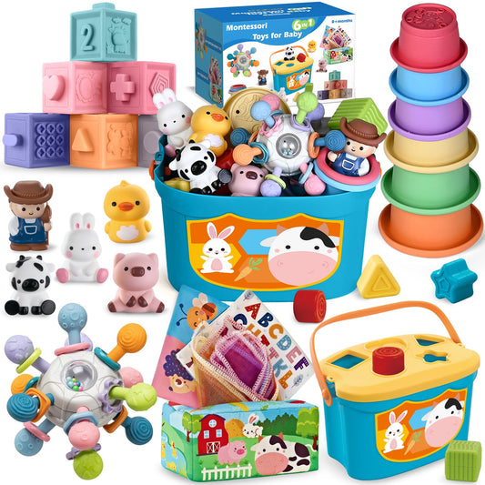 6 In 1 Baby Toys, 6-12 months Baby Toys, 0-6 12-18 Montessori Toddler Gifts For Toddlers, Farm Animals Playset & Teething & Stacking Building Block Cup & Tissue Box & Sensory Bin For Development