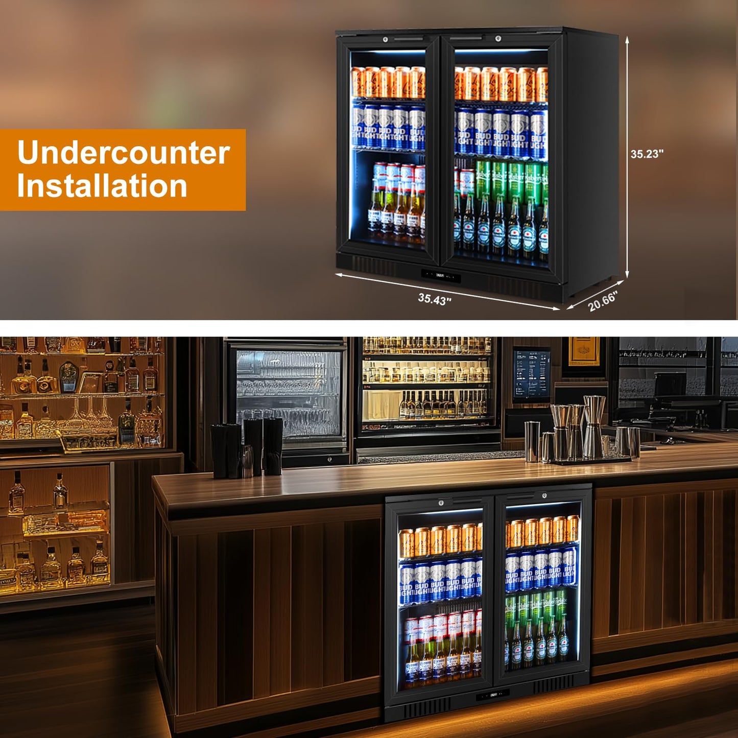 FoMup Back Bar Cooler Undercounter Beverage Refrigerator with Glass Door, Commercial Display Fridge for Beer Drink Soda with Temperature Control, 7.2Cu. Ft. Large Capacity, Black