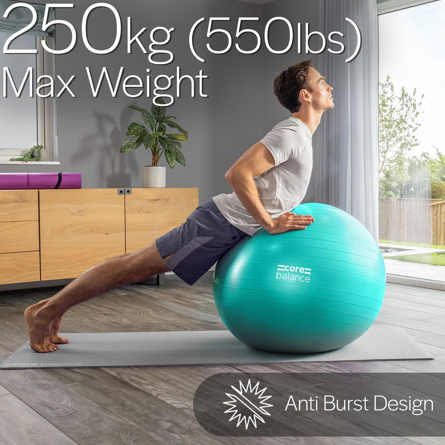 Core Balance Exercise Ball for Workouts, Anti-Burst and Slip Resistant, Swiss Yoga Ball for Pregnancy, Stability, Fitness and Physical Therapy, 4 Sizes, with Pump (22" / 55cm Teal)