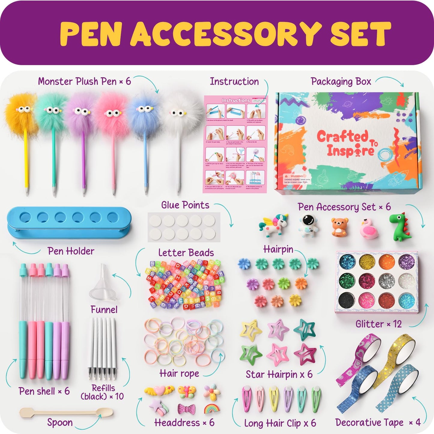 SNLN 50+ Accessories DIY Pen Making Kit, Pen Creator Studio, Making 12 Plush & Sparkly Pens, Creative Arts and Crafts for Kids Ages 5 6 7 8 Birthday Gifts for Kids Tweens Girls 9 10 11 12 Years