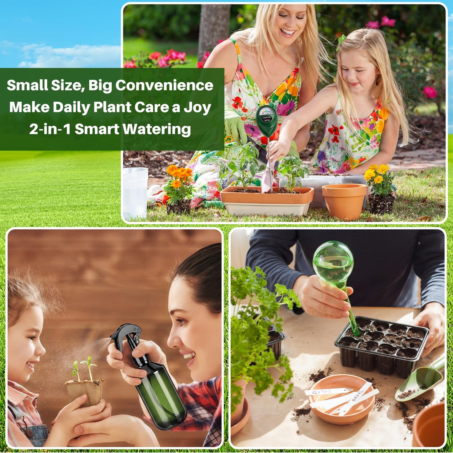 Reallnaive 6-piece Indoor Watering Can Set – 1 Gal Can, 6.8 oz Spray, 15 oz Squeeze, Plant Watering Globes & Soil Moisture Meter, Indoor & Outdoor Plant Care(Grass Green)