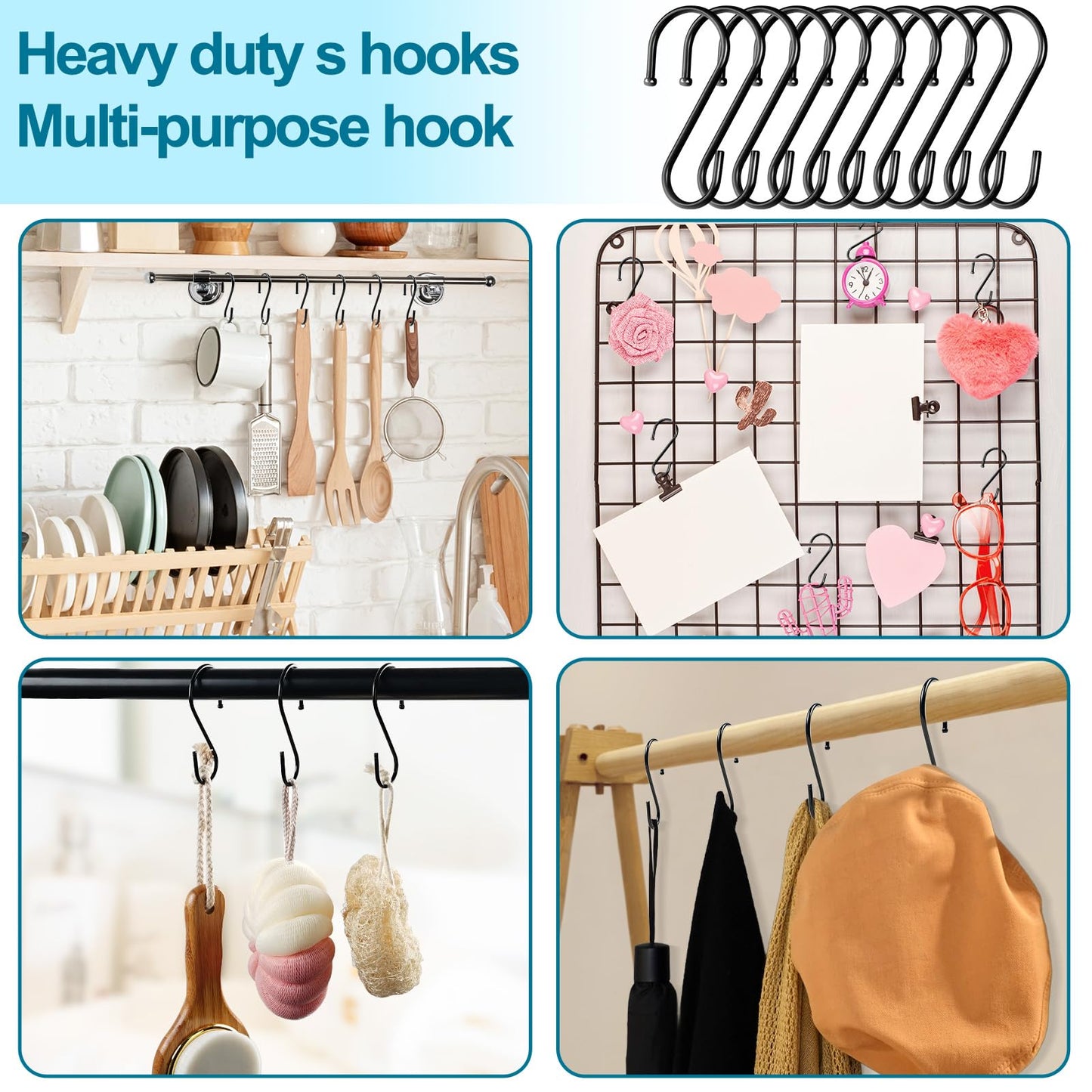 ESFUN 24 Pack S Hooks, 3.5 Inch Heavy Duty S Hooks for Hanging Plant, Large Closet Rod Hooks for Jeans Bags, Black Metal S Shaped Hook for Plant Basket, Pots Pans Wire Shelf Rack, Utensils, Towels
