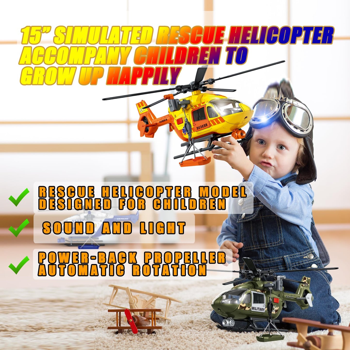 ANJARU Helicopter Toy with Lights and Sound,Simulative Rescue Helicopter Vehicles Toys for Kids Aged 3 and Up,Pull-Back Propeller Army Toys Toddler Kids Boys Gifts (Military Helicopter)