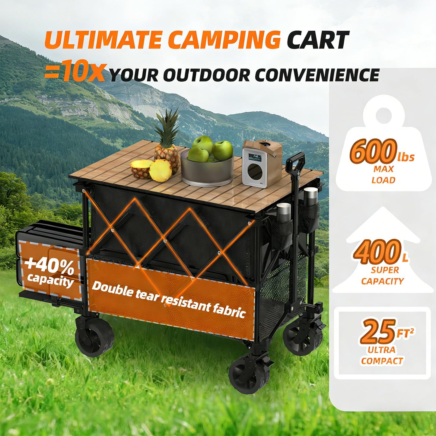 Double Decker Wagon with Table, 600lb 400L 54'' Extra Long Heavy Duty Wagons Carts Foldable with Tailgate, Utility Folding Cart Big All-Terrain Wheels with Brakes for Camping, Fishing, Beach, Outdoor