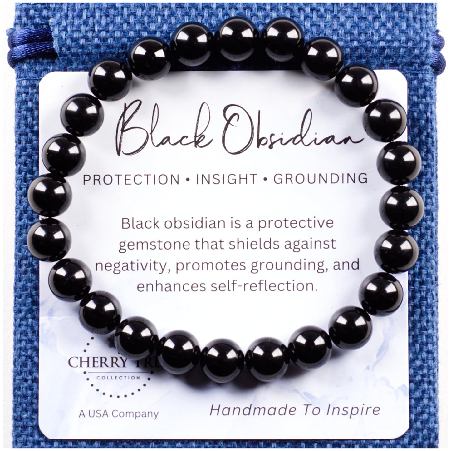 Cherry Tree Collection - Handmade Crystal Beaded Stretch Bracelets For Women and Men - Small, Medium, Large Sizes - Healing Properties Card - 8mm Round Beads (Black Obsidian - Medium)
