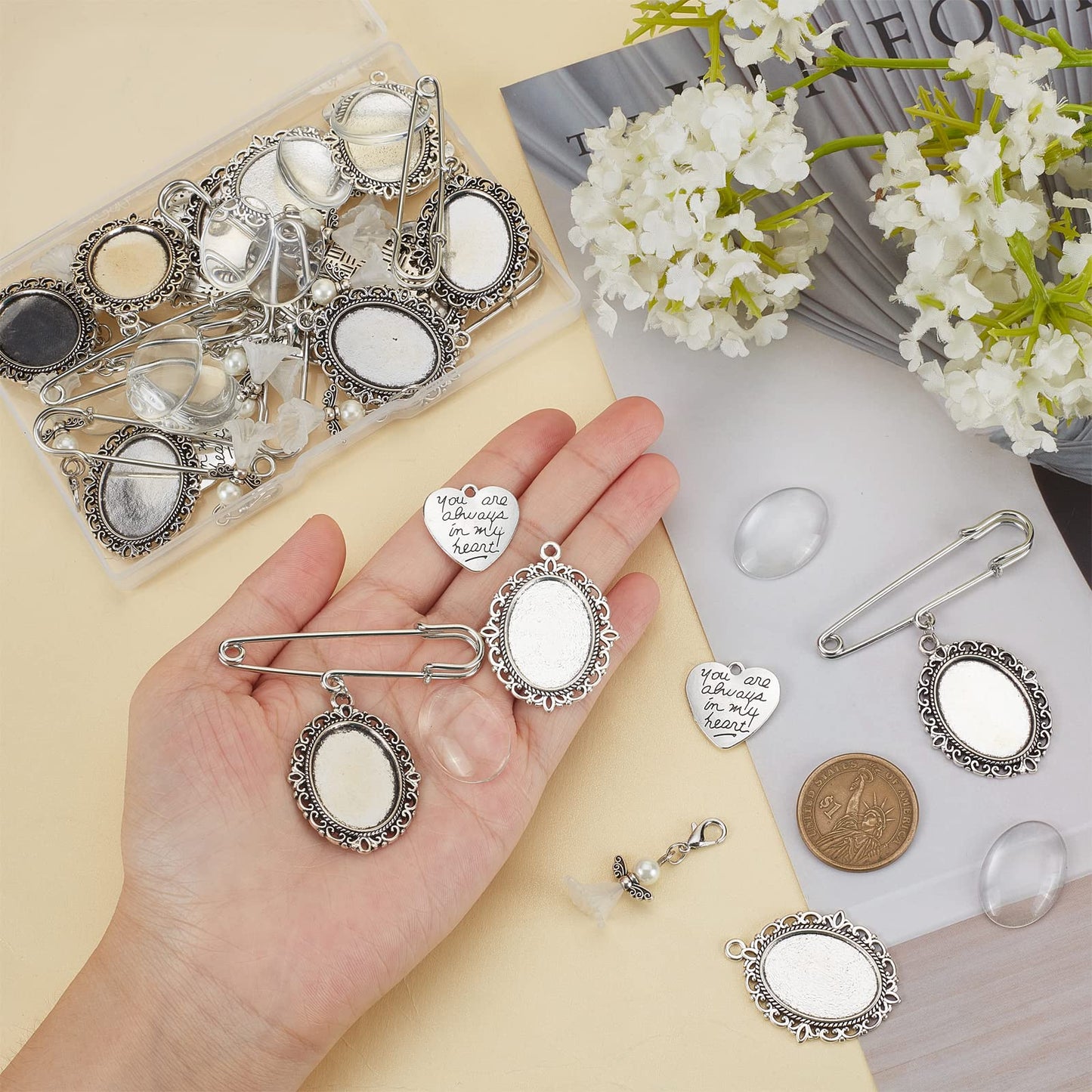SUNNYCLUE 1 Box 100Pcs DIY 10 Sets Wedding Bouquet Photo Charms Making Kit Bridal Boutonniere Photo Charm Safety Pin Memory Brooch Lobster Claw Angel Pendants Trays and Domes Cabochon Setting Crafting