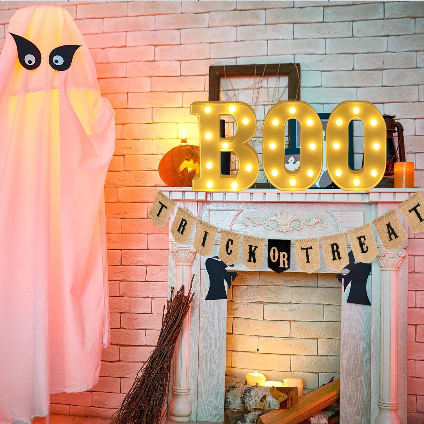 ZUOKEMY Halloween Decorative Lights - Light up Letter "BOO" Sign Halloween Outdoor Family Room Kitchen Fireplace Tabletop Party Decoration Supplies