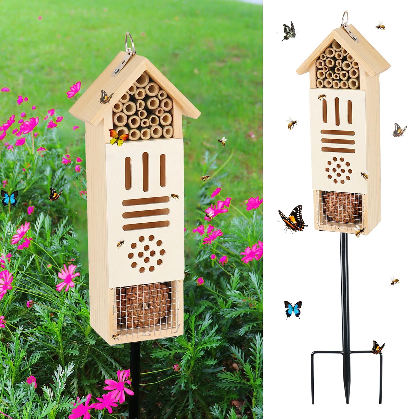 Wooden Insect House, Bee House with Metal Stake for Garden, Natural Ladbugs Habitat & Butterfly Hotel on The Ground or Hanging on Tree Wall (Pine, 3.34'' x 2.56'' x 11.8'', 11.8'' H Stake)