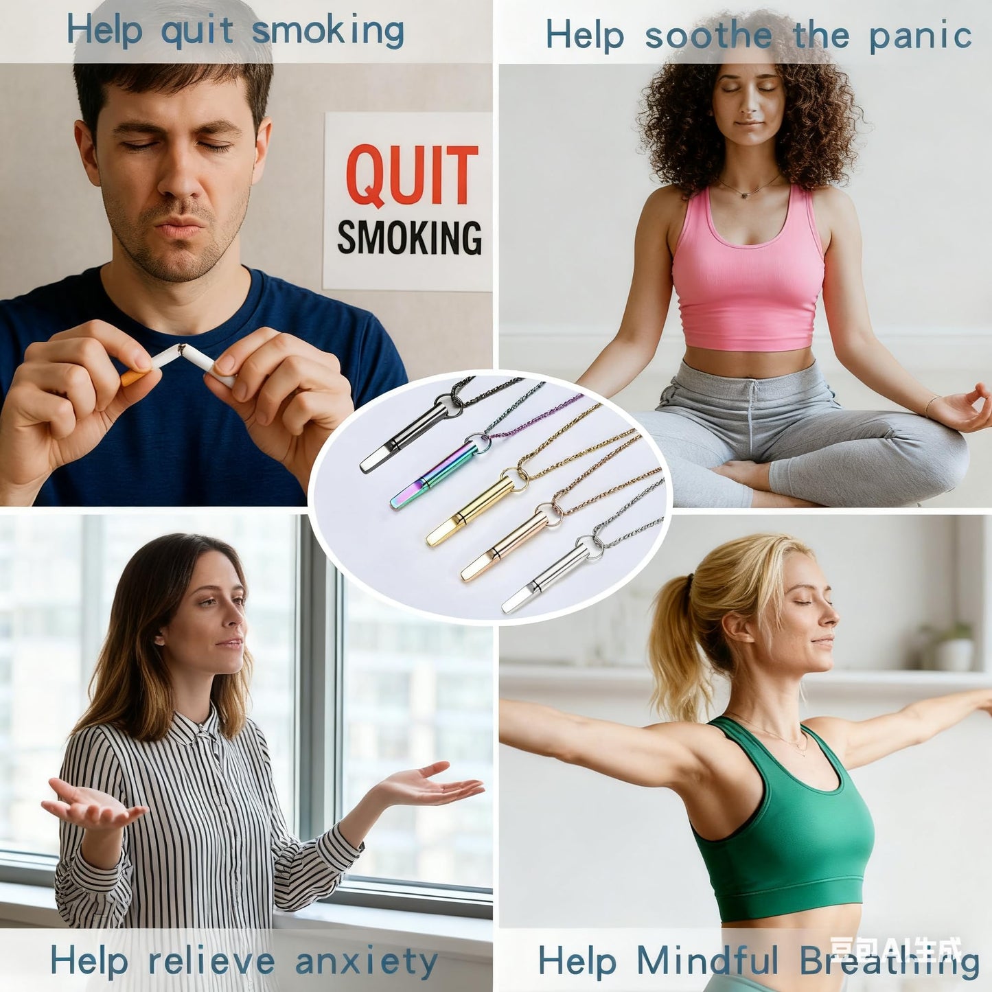 hooppoo Quit Smoking Necklace, Anxiety Relief Breathing Inhaler with Essential Oil Pad - Aromatherapy Diffuser Pendant for Smokers, Stainless Steel Necklace for Women & Men (Gold)