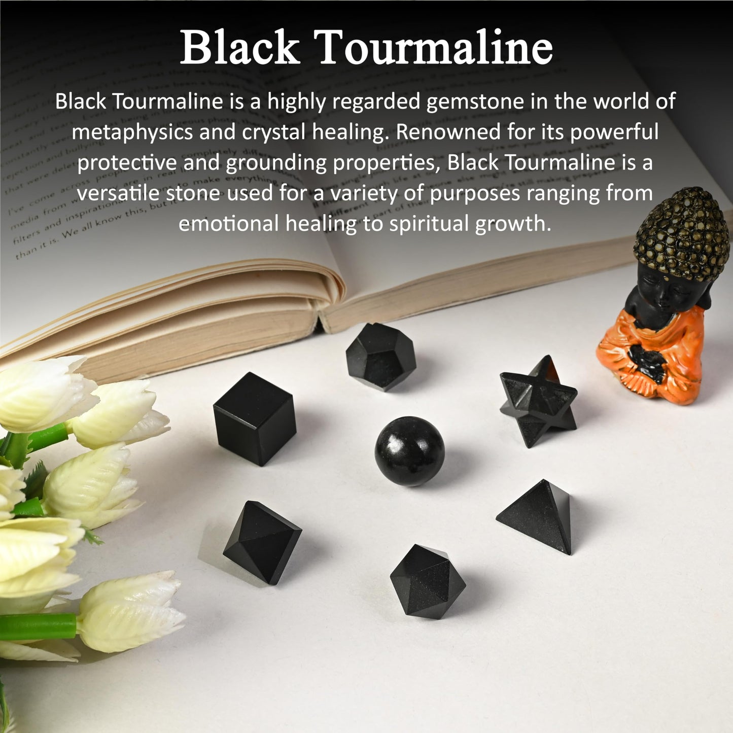 Crocon Black Tourmaline 7Pcs Platonic Solids Crystal Geometry Set, Platonic Solids Sacred Geometric Stones for Meditation Reiki Balancing Healing Chakra Stone Cleansing Spiritual Good Luck (15-20 mm)