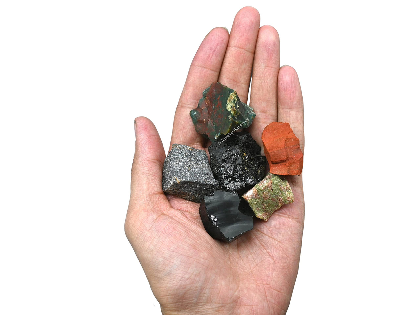 Amazing Gemstone Crystals for Health Manifestation, Set of 6 Red Jasper, Black Obsidian, Black Tourmaline, Bloodstone, Hematite and Unakite Healing Crystals and Stones