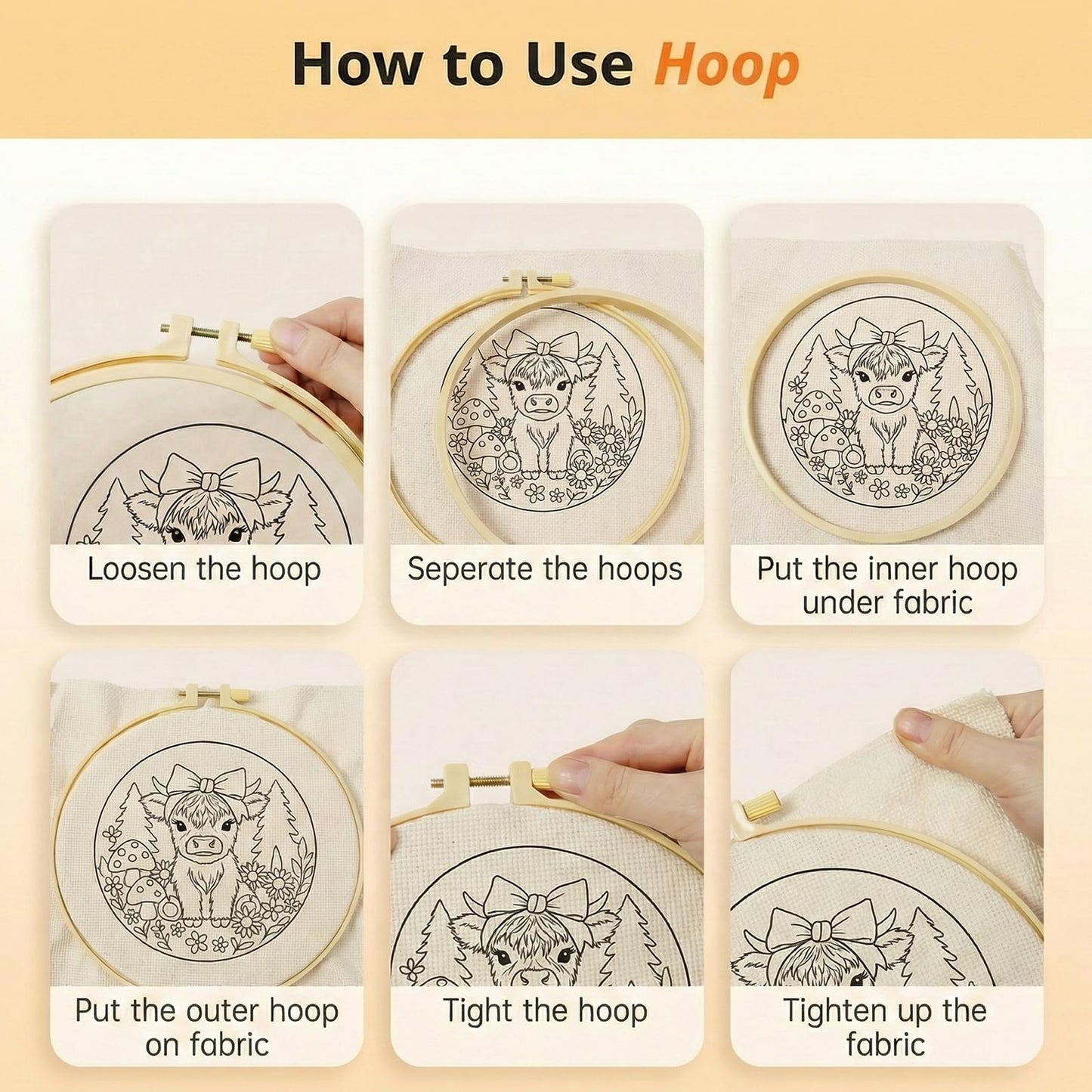ZMHKJZDQ Punch Needle Kits for Beginners,DIY Punch Needle Embroidery with Fabric, Hoops, Yarns and Sewing Needles for Adults Children Festival Gift and Home Decor, 20x20cm (Bow Highland Cow)