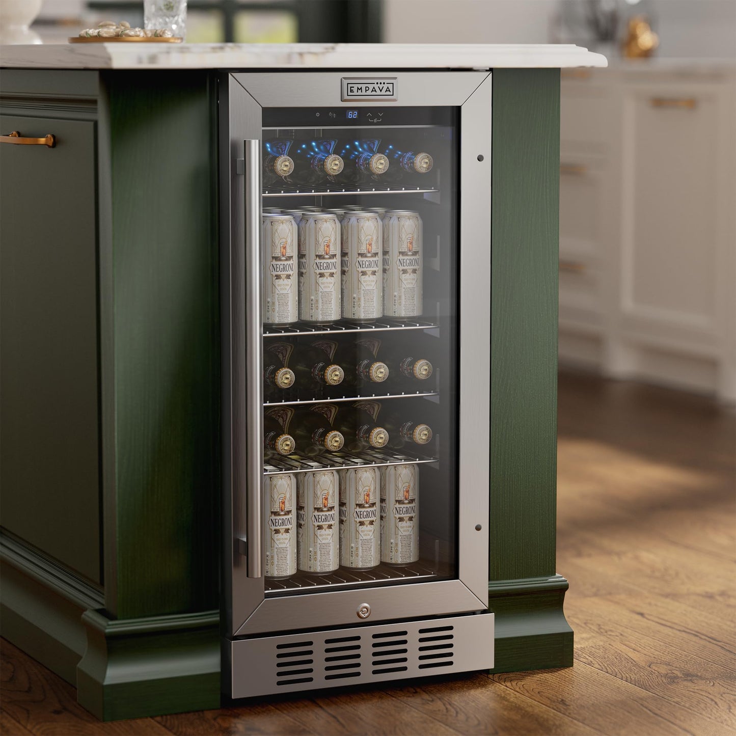 Empava 15 inch Undercounter Beverage Cooler Refrigerator with Glass Door, Freestanding Drink Fridge with LED Light, Touch Control, 80 Cans Capacity