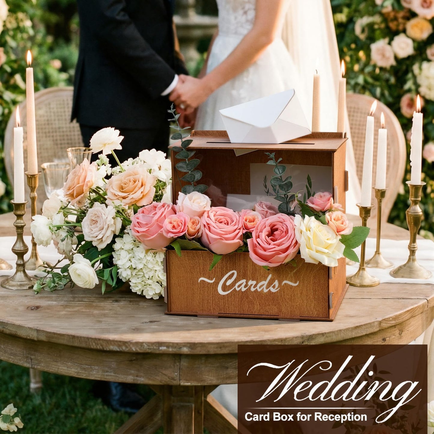 AceOrbit Wooden Rustic Wedding Card Box for Reception with Acrylic Window & Flower Holder, 9.8" Wood Money Gift Card Box with Slot, Holds 250 Cards, for Honeymoon Fund Graduation Baby Shower Party