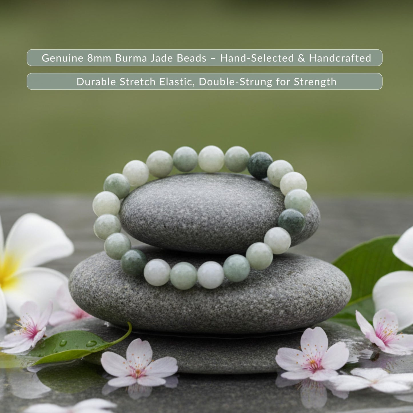 Cherry Tree Collection Burma Jade Beaded Bracelet – Genuine 8mm Gemstone Stretch Bracelet for Men & Women – Handmade Crystal Bracelet - (Burma Jade - S)