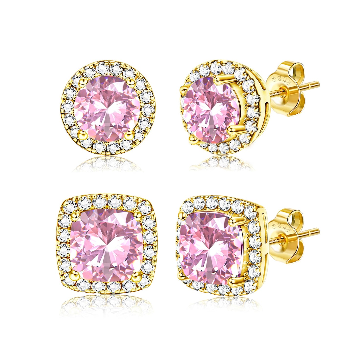 Hayoso Cubic Zirconia Stud Earrings for Women Men Sterling Silver Earring Post Hypoallergenic 14k Gold Plated Round&Square Earrings Gold&Pink