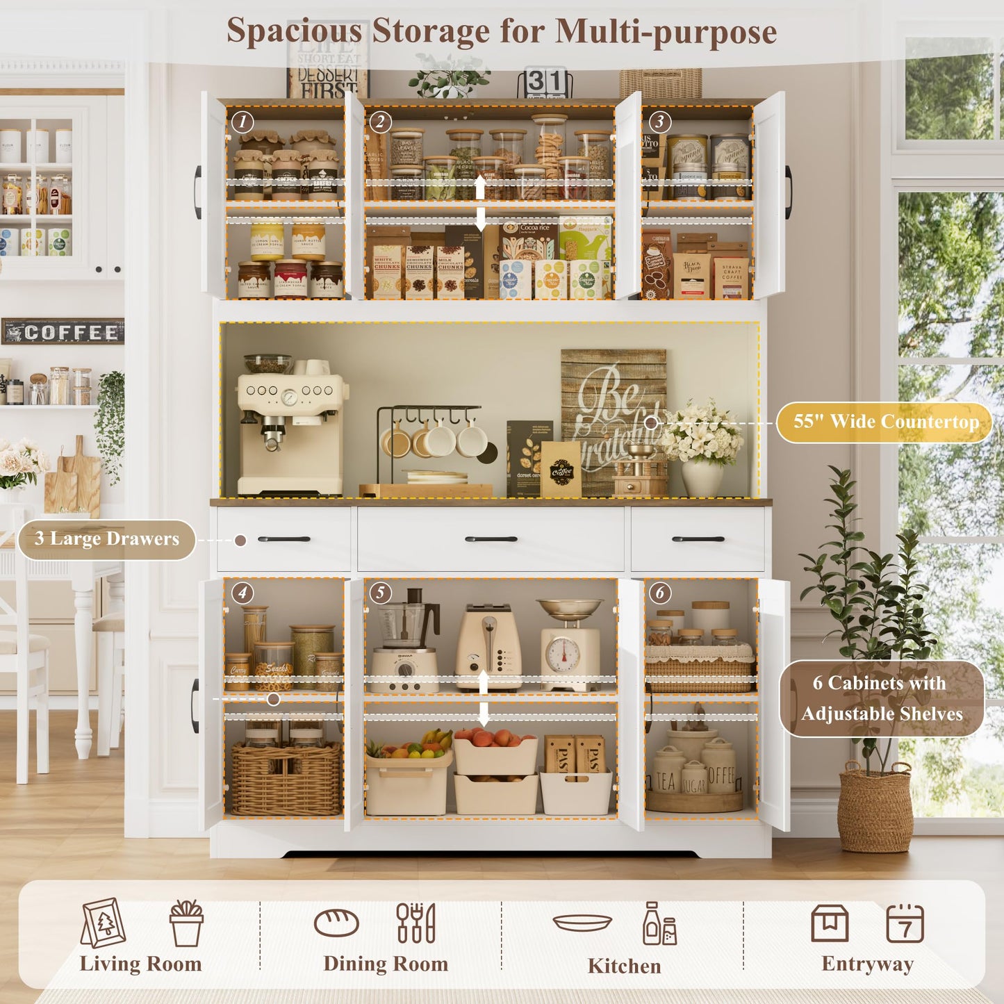 HOSTACK 71" Tall Pantry Cabinet with Charging Station, 55" Wide Kitchen Pantry Storage Cabinet with Countertop, Large Kitchen Hutch with Storage Drawers and Microwave Stand for Dining Room, White