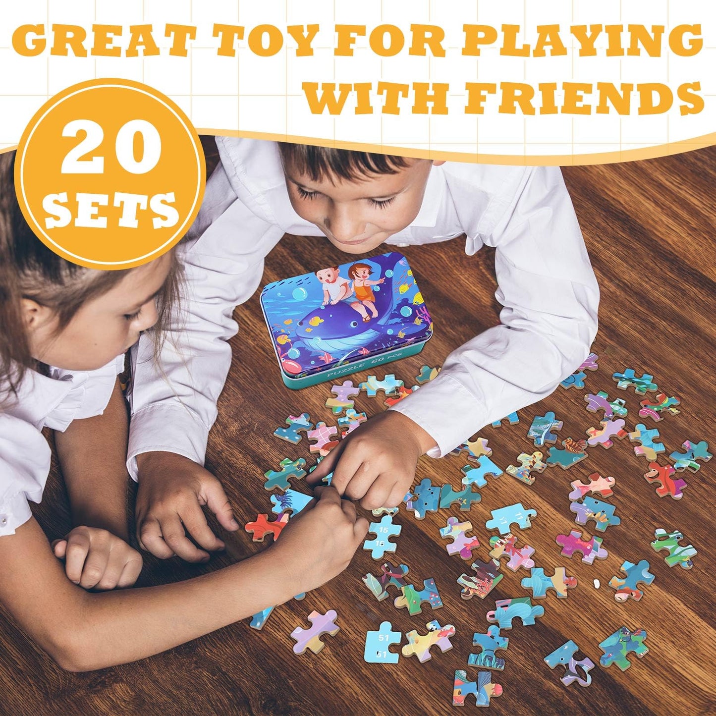 Silipull 20 Boxes Party Favors Jigsaw Puzzles in a Metal Box for Age of 4-8, Wooden Puzzle for Ages 4-8 Boys and Girls Learning Educational Puzzles Toys, 20 Styles