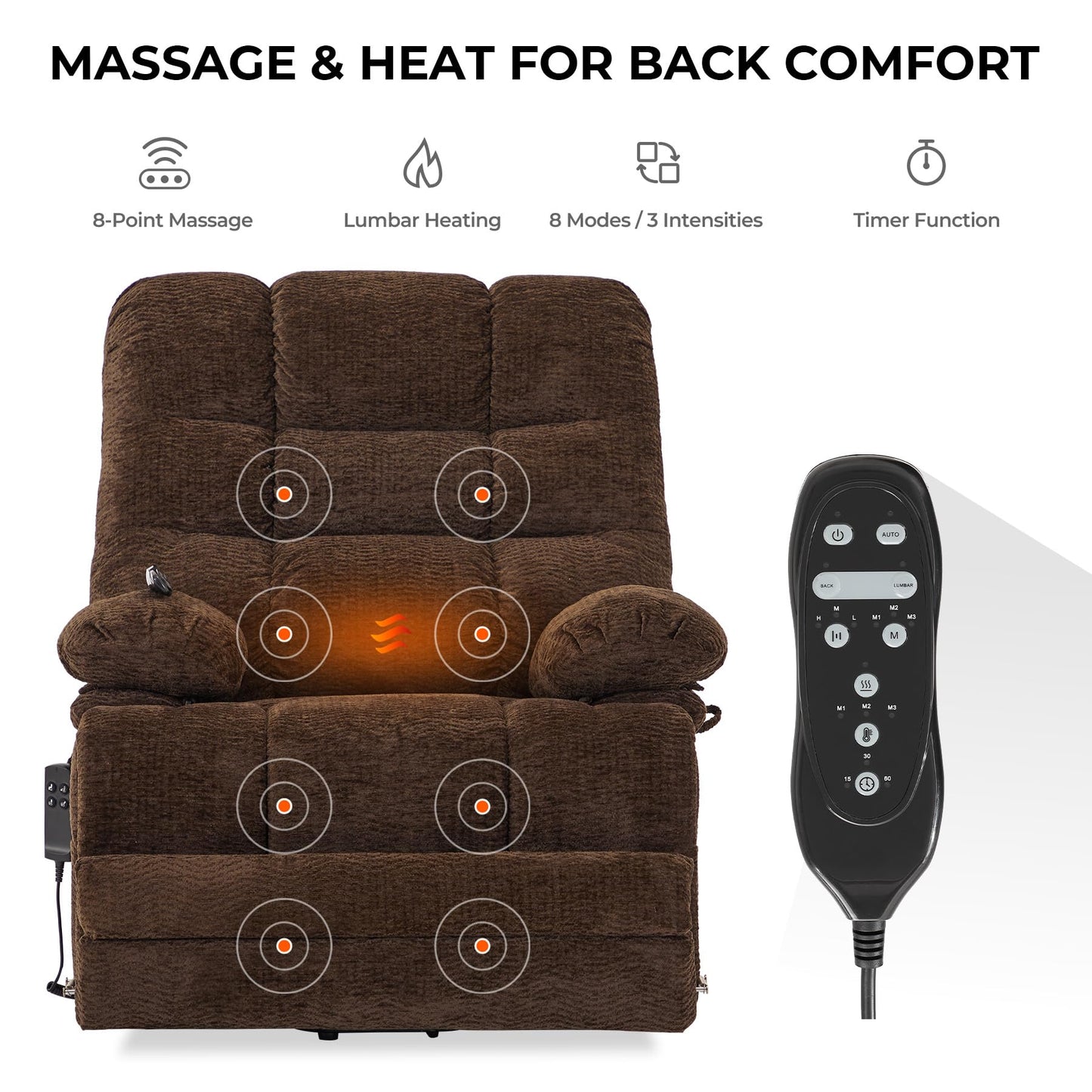 DYNOX Big & Tall Power Lift Recliner Chair for Elderly, Oversized Lay Flat Chair with Extended Footrest, Heat & Massage 400 LBS (9205L,Chenille,Brown)