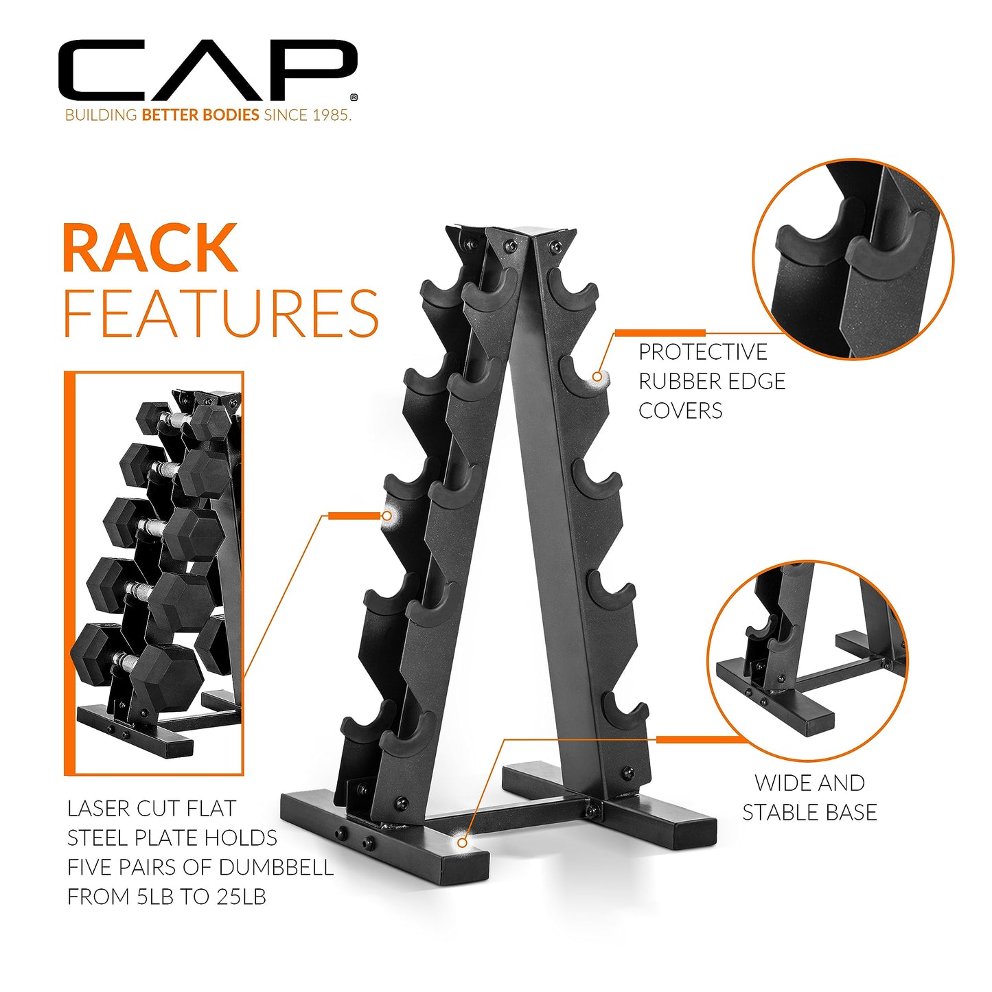 CAP 150 LB Rubber Coated Hex Dumbbell Hand Weight Set with Vertical Storage Rack - Chrome Handle | Red Rack