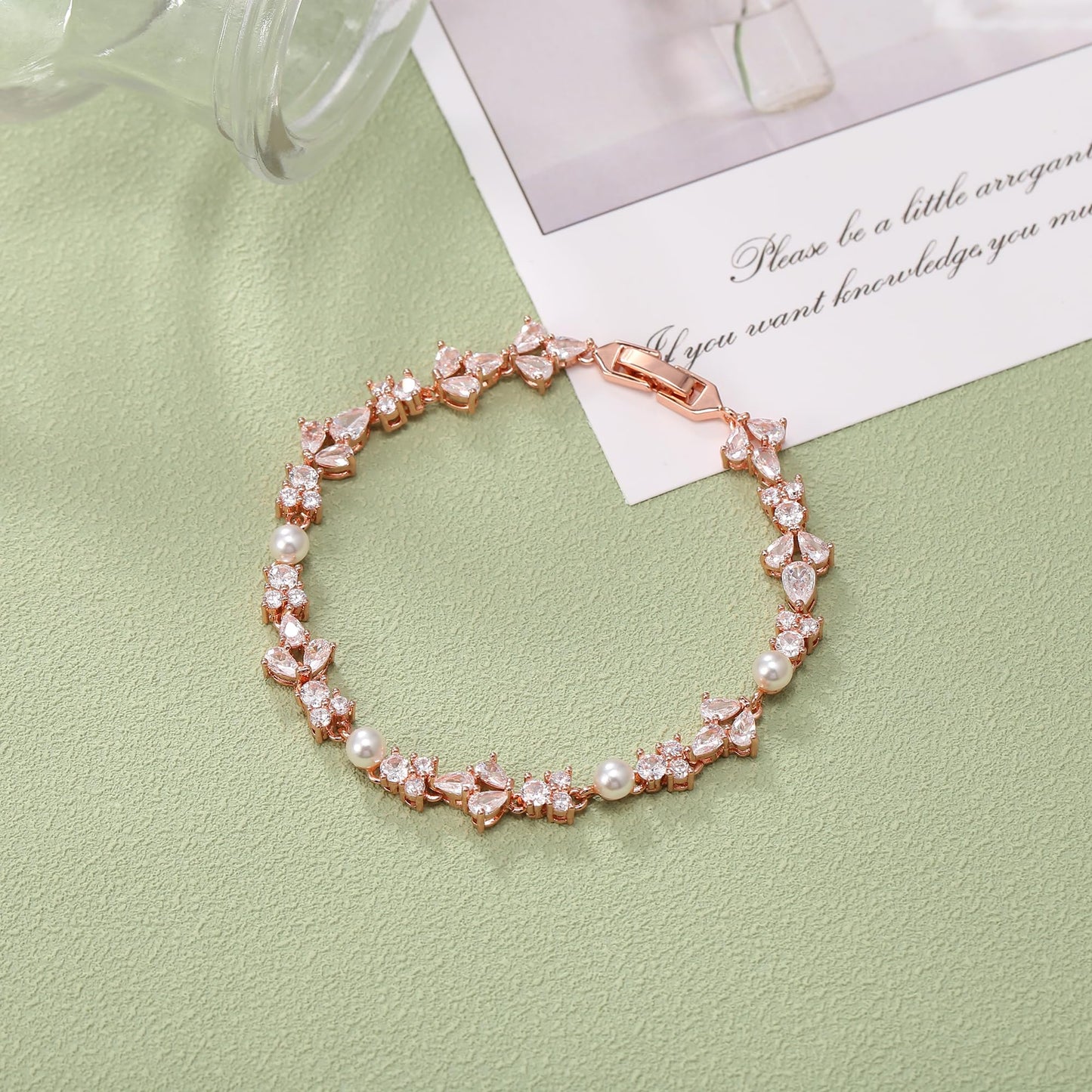 EVER FAITH Faux Pearl Wedding Jewelry for Bride Bridesmaid, Gorgeous Pear Shaped Cubic Zirconia Rose Gold-Plated-Brass Cream Simulated Pearls Tennis Bracelet for Women