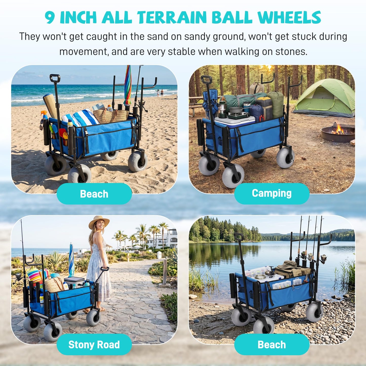Fishing Cart with Big Wheels for Sand, 9" All-Terrain Wheels, Beach Wagon for Sand, Equipped with a Rod Holder and Side Pockets for All Your Fishing, Camping or Beach Supplies, Blue & White