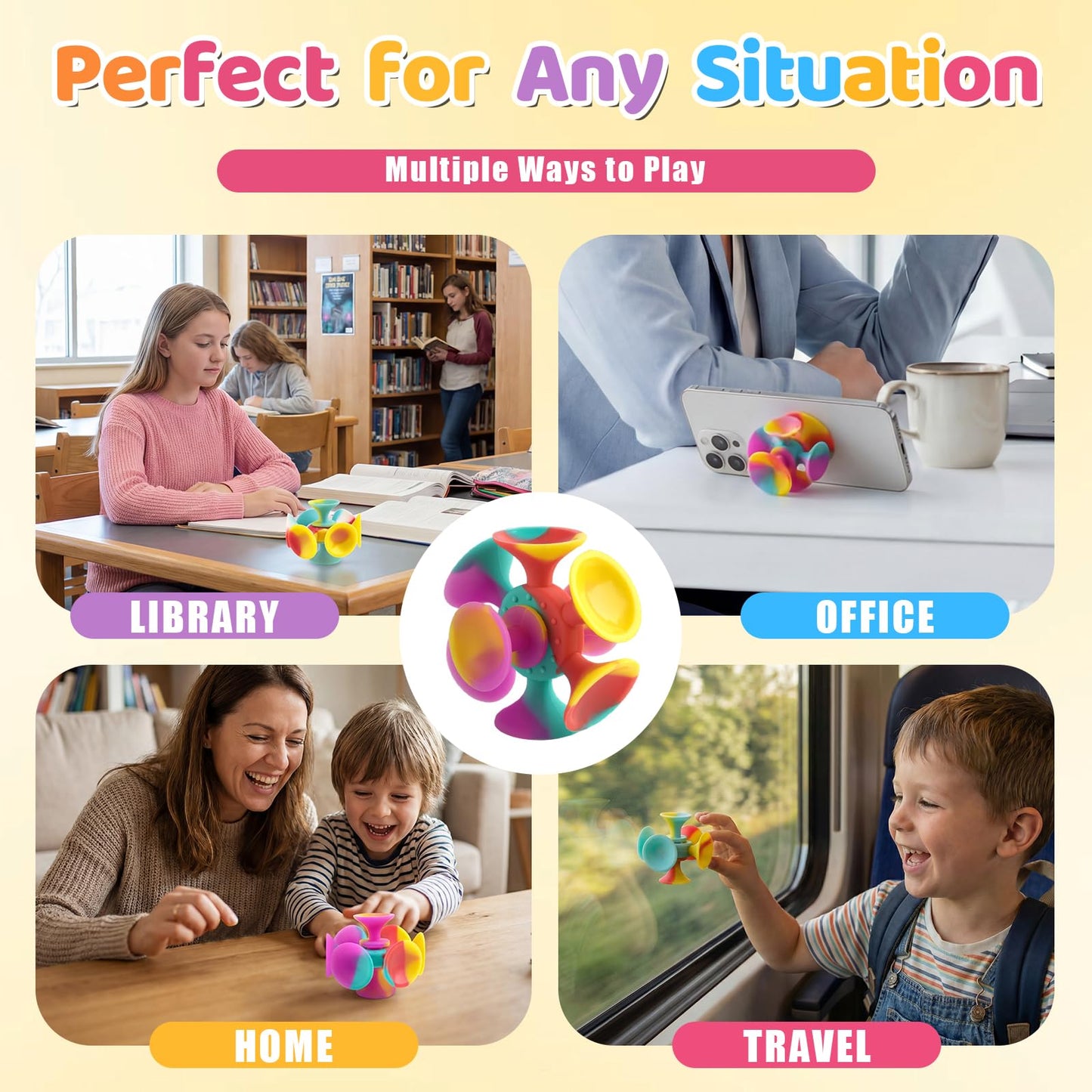 Kiditos Suction Cup Spinner Toys, 4 Pack Sensory Fidget Toys for Toddlers, Kids & Adults, Screen-Free Stick and Spin Toy for Window, Table, Bathtub, Car Rides, Travel, Office Desk, Party Play