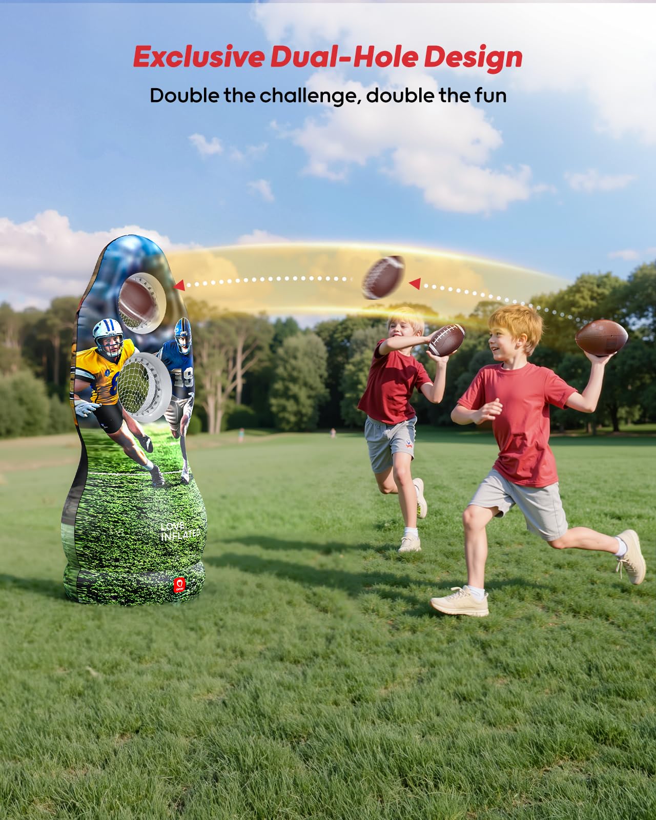 QPAU Life-Size Inflatable Football Target with Dual-Hole & Water-Filled Base - Includes 4 Balls, 2 Pumps & Dry Erase Scoreboard - Heavy Duty Outdoor Backyard Sports Toss Games for Kids, Teens & Adults
