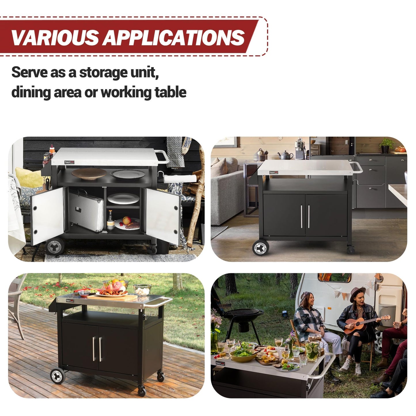 Grills House Outdoor Grill Cart with Wheels, Movable Kitchen Island with Storage Cabinet for BBQ, Stainless Steel Dining Cart Table for Food Prep, Black, PC3403S-SC
