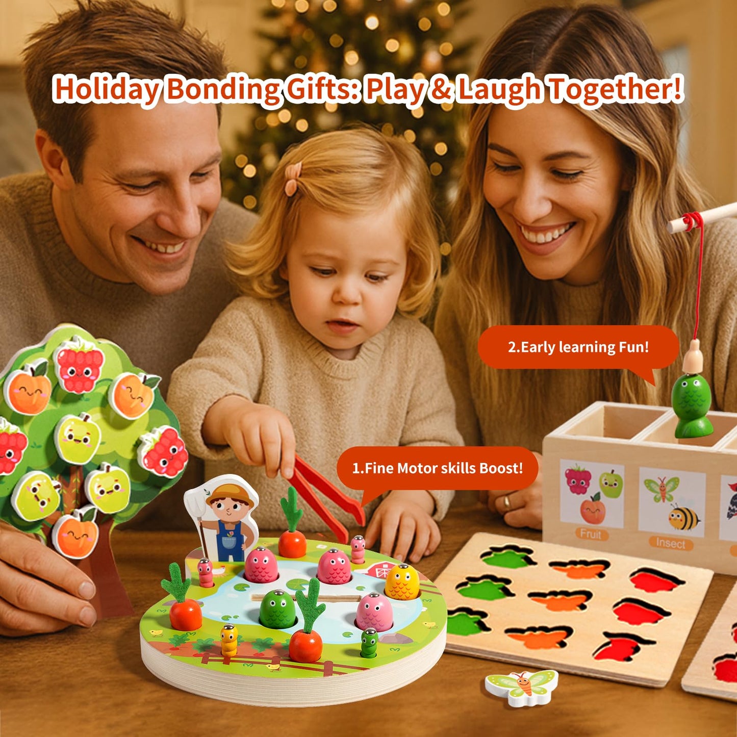 INIFEIDALA Montessori Toys for 2 3 4 Year Olds | Birthday Gifts for Boys & Girls, Wooden Educational Toddler Toys, Shape Sorting, Carrot Harvest & Magnetic Fishing Game – Fine Motor Skills Development
