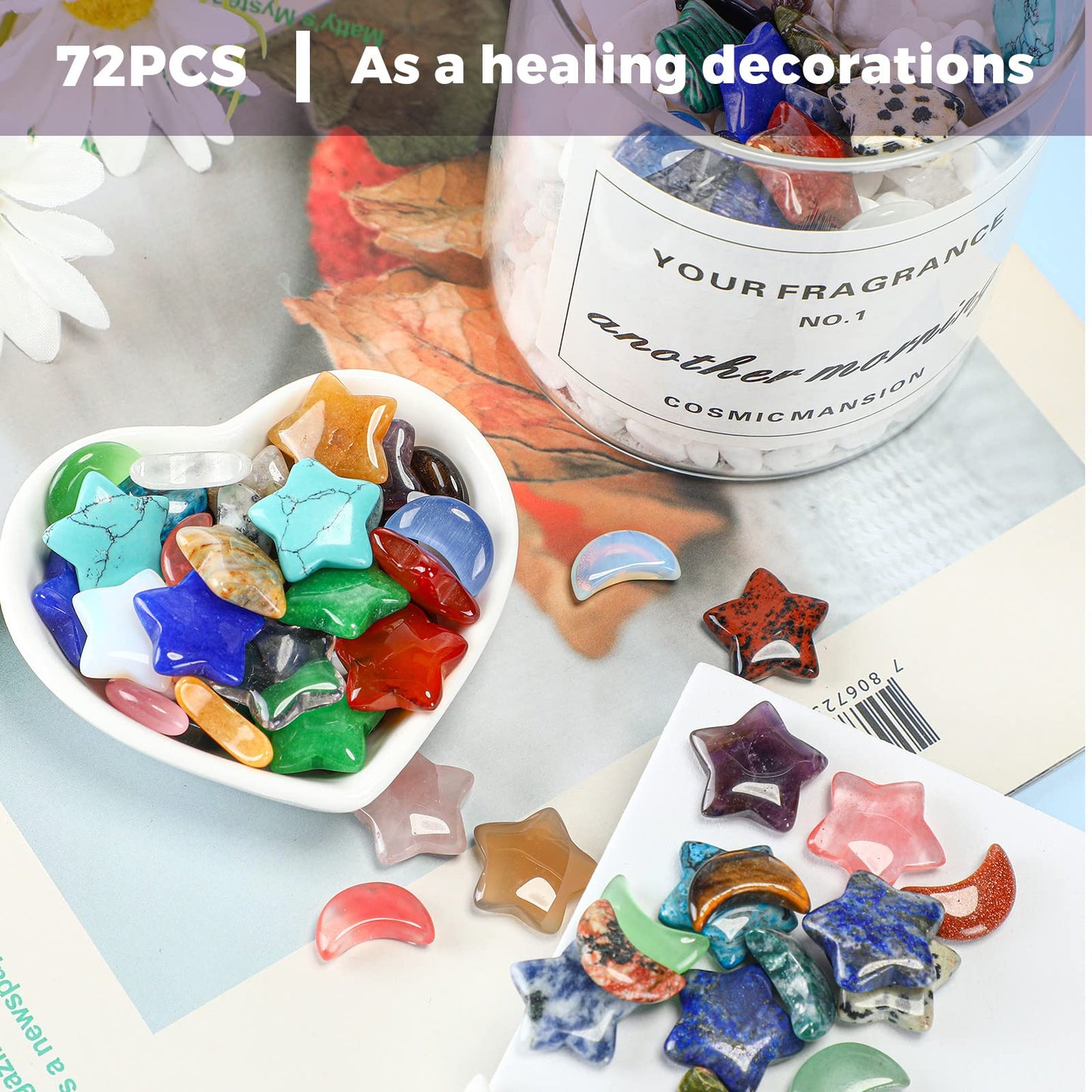 Nuenen 72 Pieces 0.8 inch Star and Moon Worry Stones Crystal Bulk Moon Shaped Thumb Gemstones Polished Pocket Star Palm Stones Bulk for Witchcraft Meditation Reiki Balancing Decor