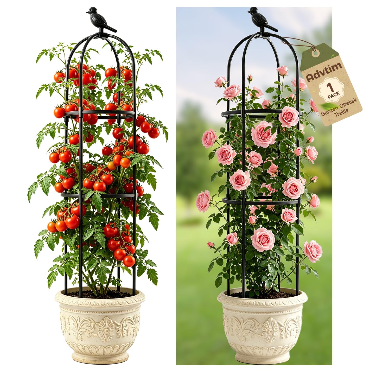 1pcs Garden Obelisk Trellis for Climbing Plants Outdoor, Tomato Cages for Garden, Metal Rustproof Plant Support Trellis for Potted Plants, Rose, Vine, Vegetable for Outdoor & Indoor Use (Black)