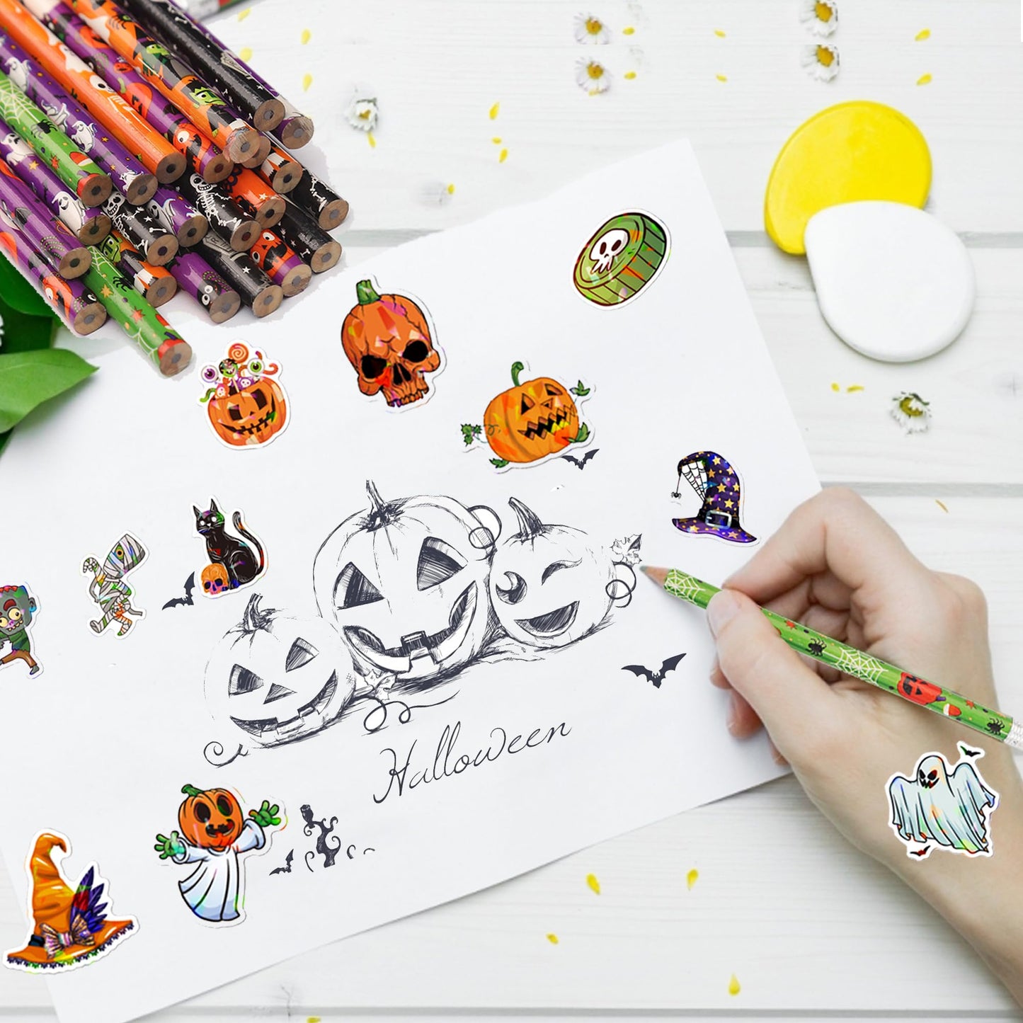 Halloween Pencils and Stickers Bulk Set – 96 Halloween Pencils with Erasers, 6 Spooky Designs + 100 Pumpkin Stickers – Trick or Treat Goodie Bag Fillers, Classroom Prizes, Party Favors Supplies