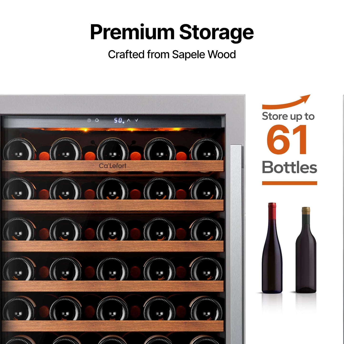 Ca'Lefort 24 Inch Wine Fridge - 61 Bottles Wine Cooler with Glass Door, 40-65° Temp Control, Adjustable Shelf & 3 LED Light Built-in or Freestanding for Home Bar Kitchen Left-Hinged Door