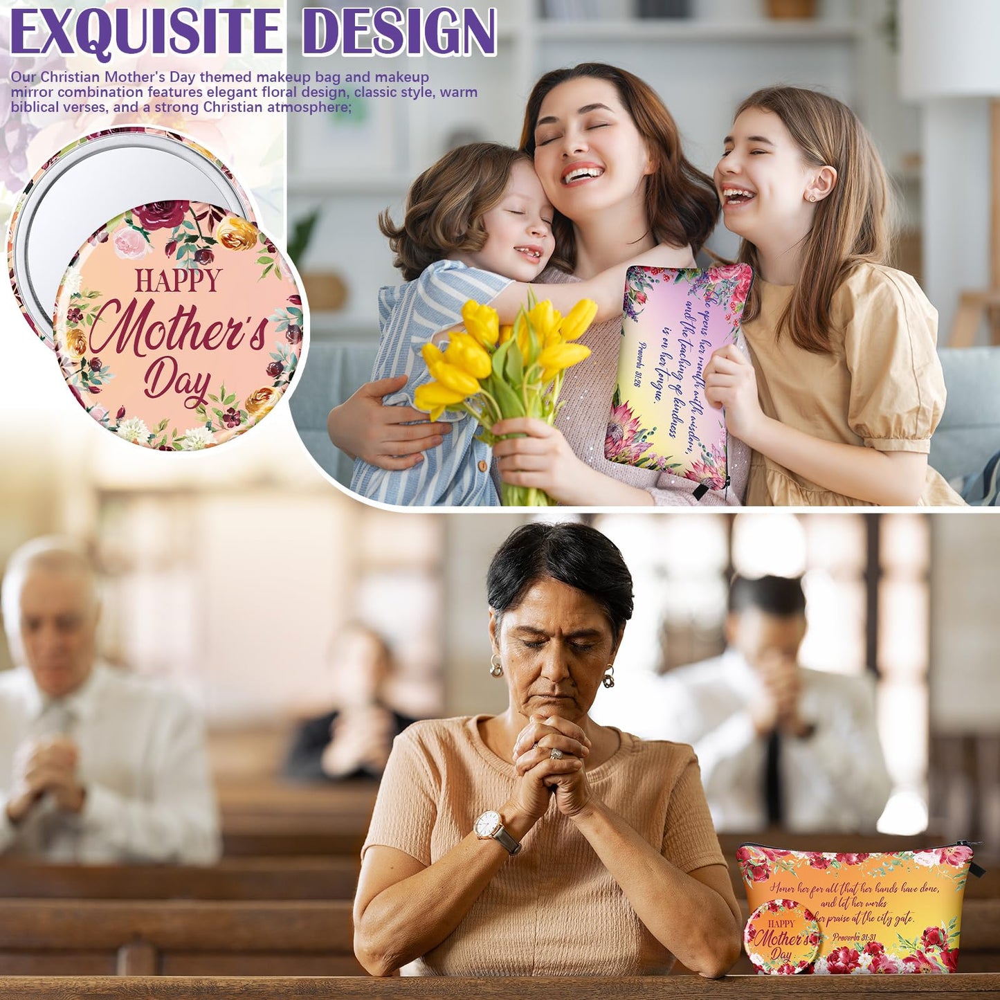 Kacctyen 144 Pcs Christian Mother's Day Bulk Gifts Inspirational Canvas Makeup Bags Compact Mirrors Bulk Christian Bible Verse Church Religious Prayer Gifts for Moms Women Church Mother's Day