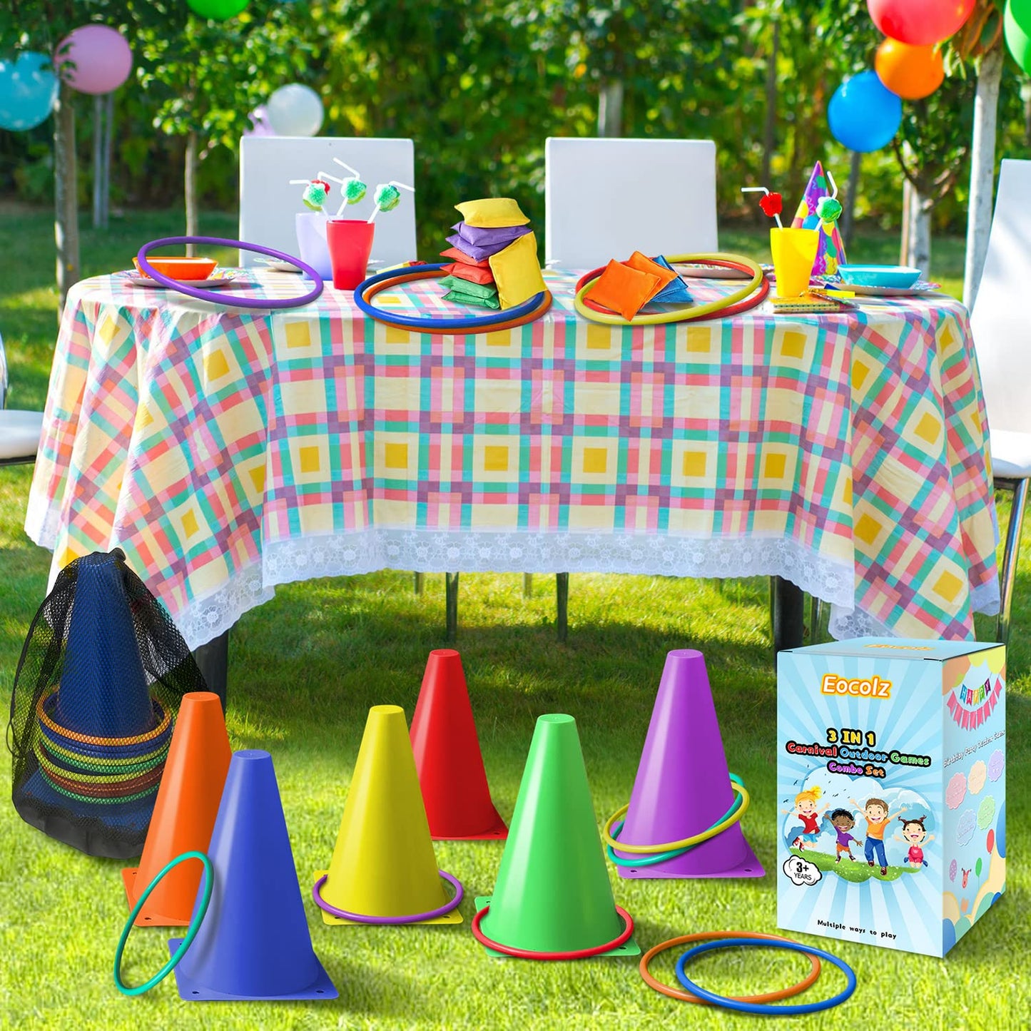 Eocolz 3 in 1 Carnival Games Set, Soft Plastic Cones Bean Bags Ring Toss Games for Kids Birthday Party Outdoor Games Supplies Combo Set