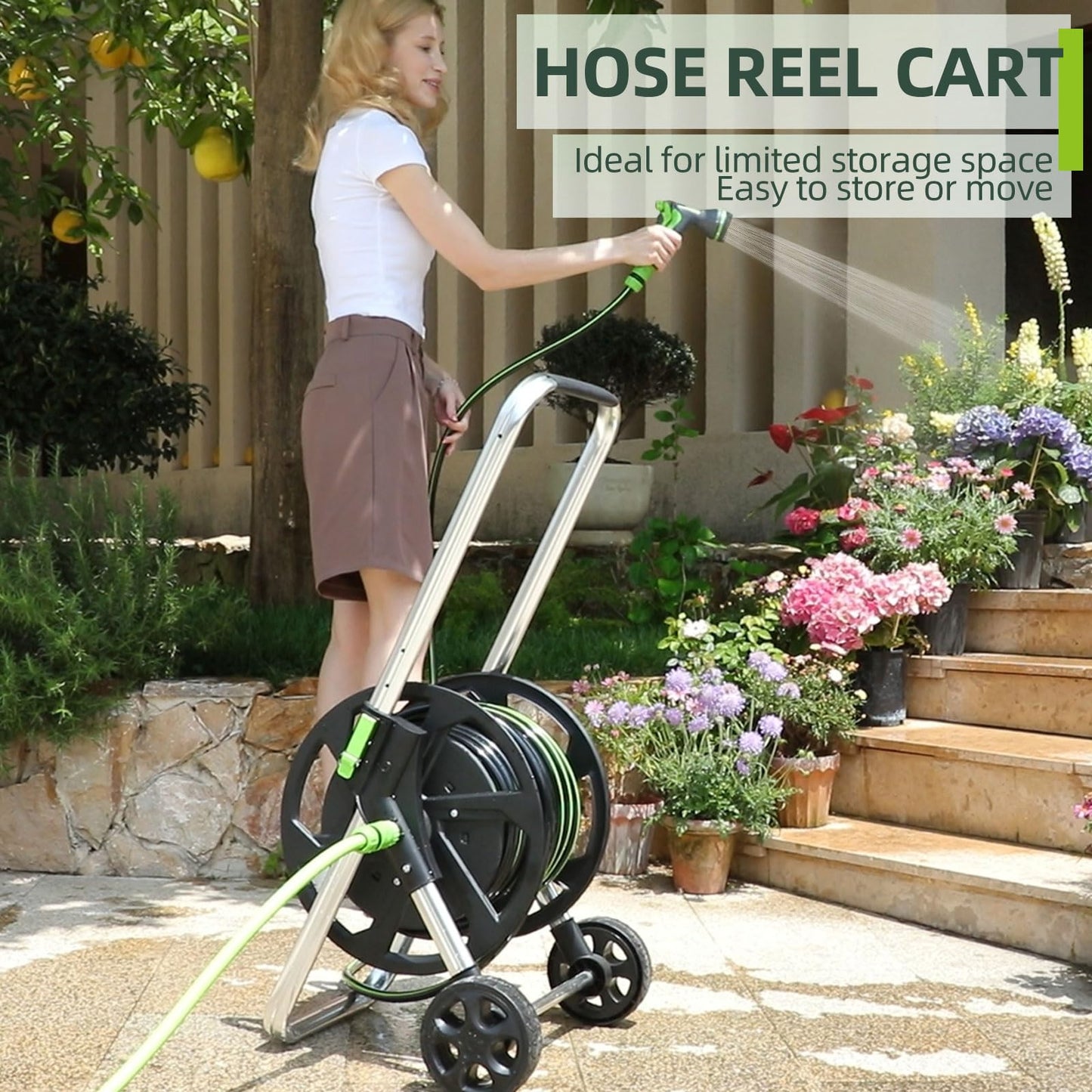 Random Colors Garden Hose Reel Cart, Holds 75-150 Feet of 5/8-Inch Hose, Portable Hose Reel Cart With Wheels,Adjustable Handrail, Quick Hose Connector